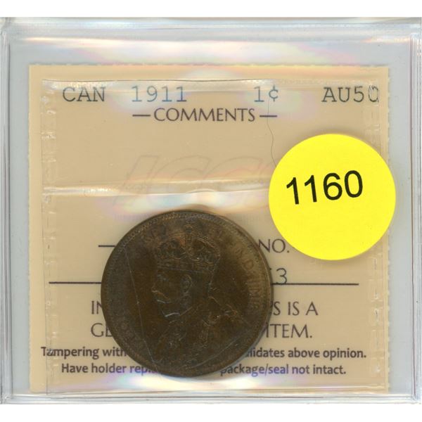 1911 AU50 ICCS Graded Canadian Large Cent Coin