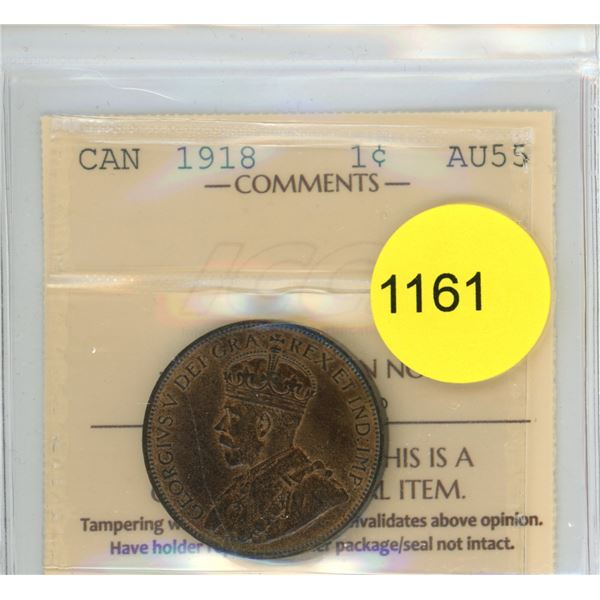 1918 AU55 ICCS Graded Canadian Large Cent Coin