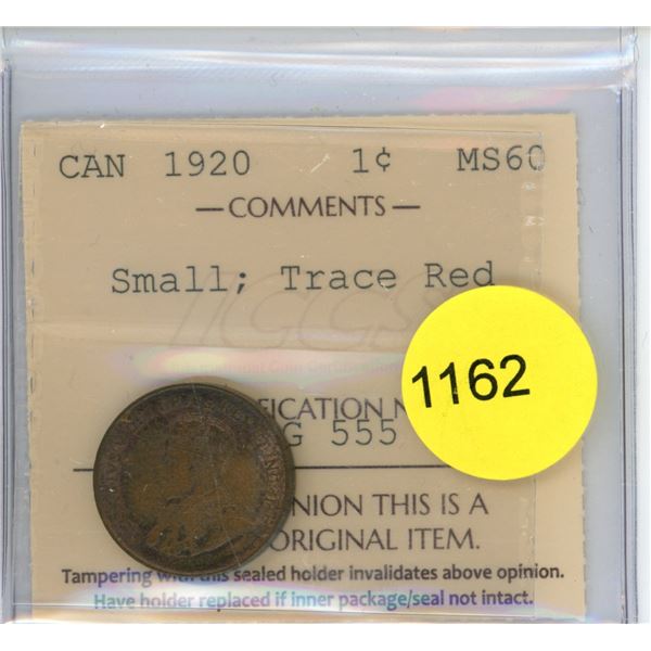 1920 MS60 ICCS Graded Canadian Small Cent Coin