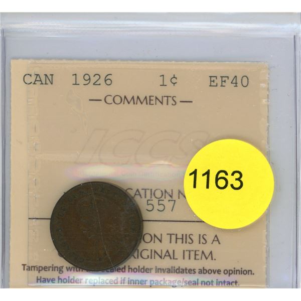 1926 EF40 ICCS Graded Canadian Small Cent Coin