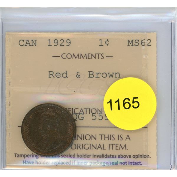1929 MS62 ICCS Graded Canadian Small Cent Coin
