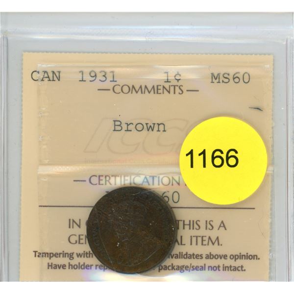 1931 MS60 ICCS Graded Canadian Small Cent Coin