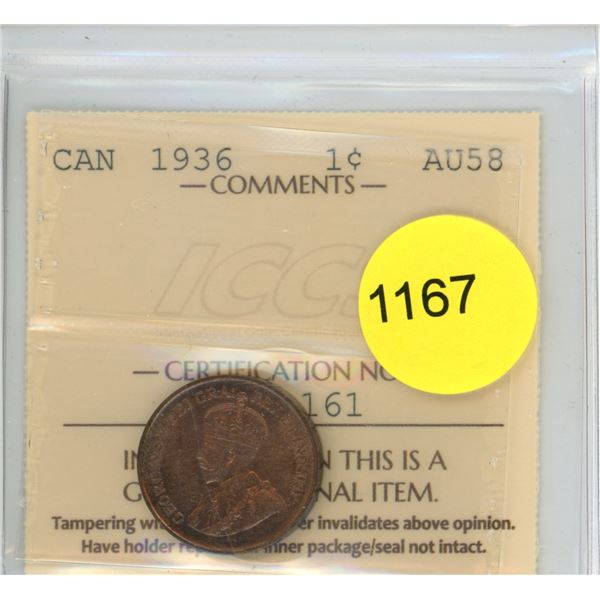 1936 AU58 ICCS Graded Canadian Small Cent Coin