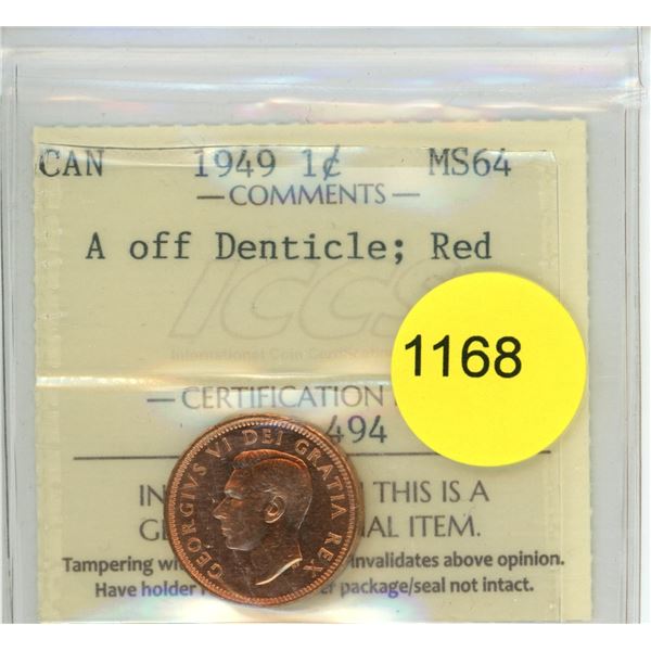1949 MS64 ICCS Graded Canadian Small Cent Coin