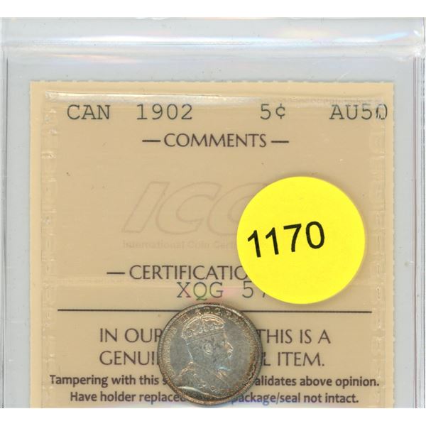 1902 AU50 ICCS Graded Canadian Silver Five Cent Coin