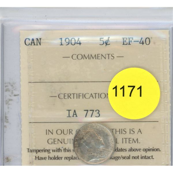 1904 EF40 ICCS Graded Canadian Silver Five Cent Coin