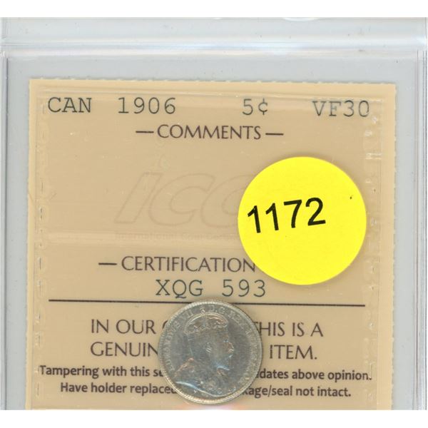 1906 VF30 ICCS Graded Canadian Silver Five Cent Coin