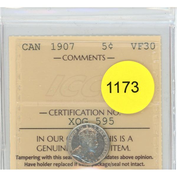 1907 VF30 ICCS Graded Canadian Silver Five Cent Coin