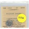 Image 1 : 1910 Pt Leaves EF40 ICCS Graded Canadian Silver Five Cent Coin