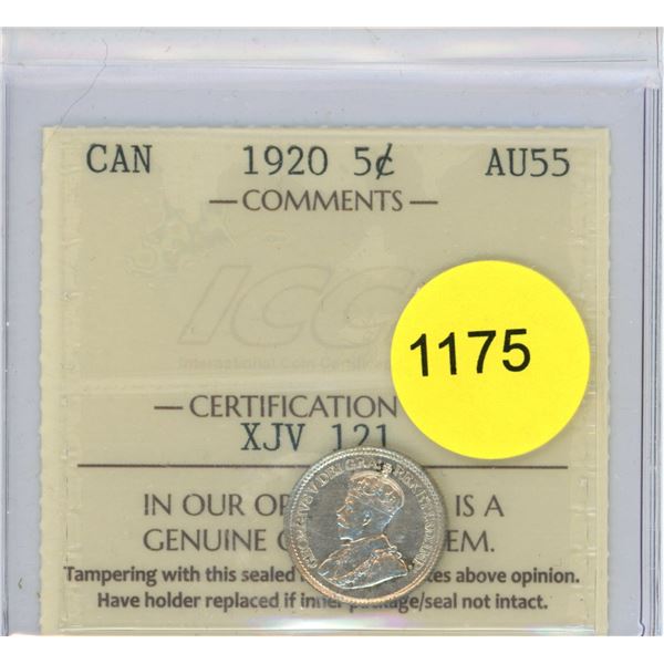 1920 AU55 ICCS Graded Canadian Silver Five Cent Coin