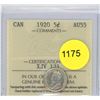 Image 1 : 1920 AU55 ICCS Graded Canadian Silver Five Cent Coin