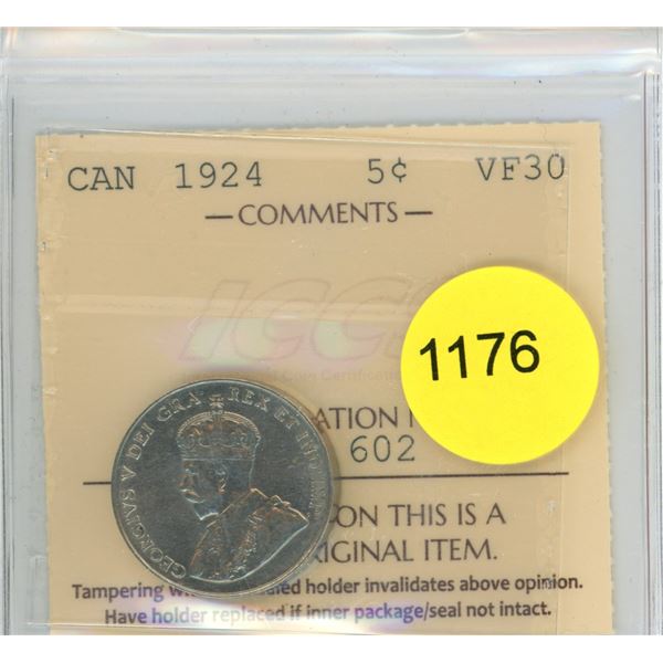 1924 VF30 ICCS Graded Canadian Five Cent Coin