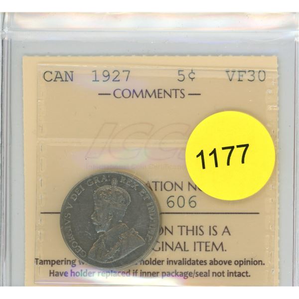 1927 VF30 ICCS Graded Canadian Five Cent Coin