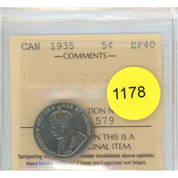 1935 EF40 ICCS Graded Canadian Five Cent Coin