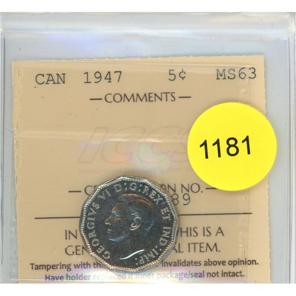 1947 MS63 ICCS Graded Canadian Five Cent Coin