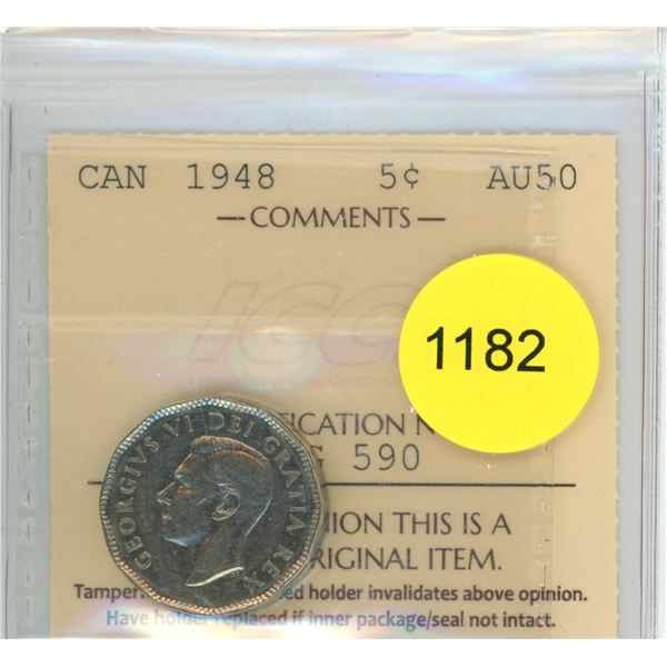 1948 AU50 ICCS Graded Canadian Five Cent Coin