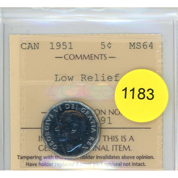 1951 Low Relief MS64 ICCS Graded Canadian Five Cent Coin