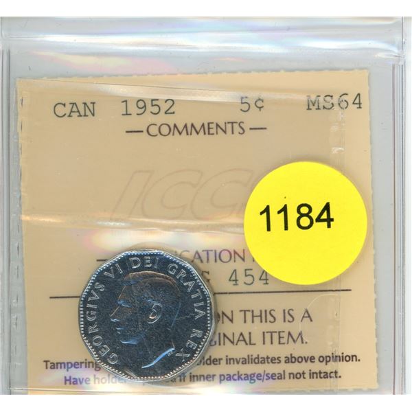 1952 MS64 ICCS Graded Canadian Five Cent Coin