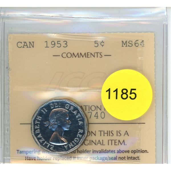 1953 MS64 ICCS Graded Canadian Five Cent Coin