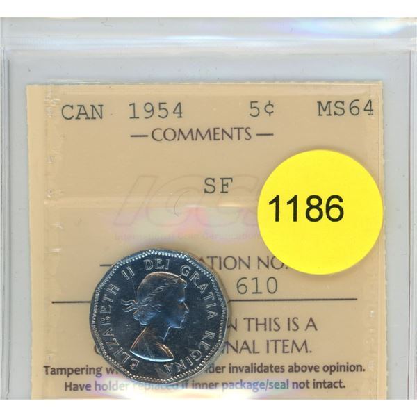 1954 SF MS64 ICCS Graded Canadian Five Cent Coin