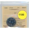 Image 1 : 1954 SF MS64 ICCS Graded Canadian Five Cent Coin