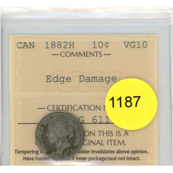 1882H VG10 ICCS Graded Canadian Ten Cent Coin
