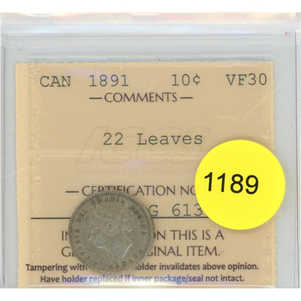 1891 22 leaves VF30 ICCS Graded Canadian Ten Cent Coin