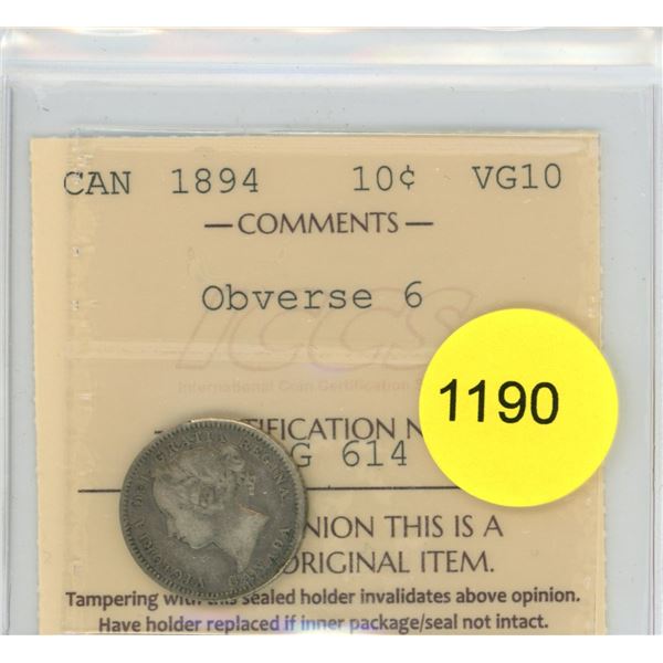 1894 Obv6 VG10 ICCS Graded Canadian Ten Cent Coin