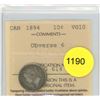 Image 1 : 1894 Obv6 VG10 ICCS Graded Canadian Ten Cent Coin