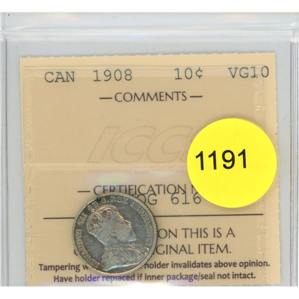 1908 VG10 ICCS Graded Canadian Ten Cent Coin