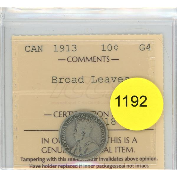 1913 Broad Leaves G4 ICCS Graded Canadian Ten Cent Coin