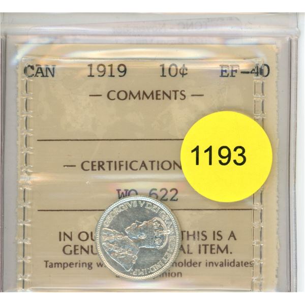 1919 EF40 ICCS Graded Canadian Ten Cent Coin