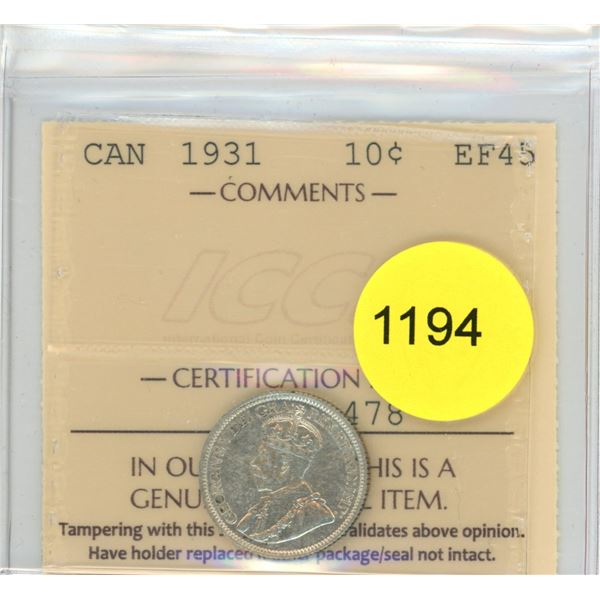 1931 EF45 ICCS Graded Canadian Ten Cent Coin