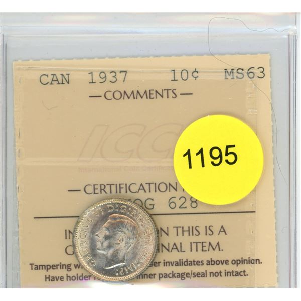1937 MS63 ICCS Graded Canadian Ten Cent Coin