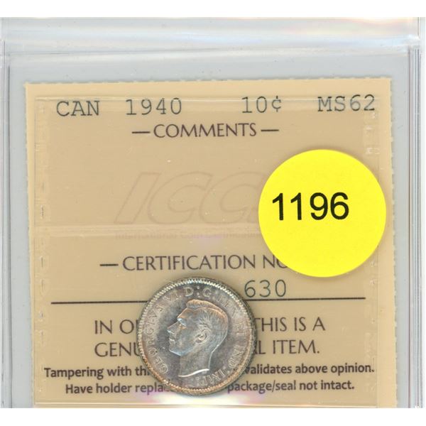 1940 MS62 ICCS Graded Canadian Ten Cent Coin