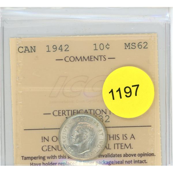 1942 MS62 ICCS Graded Canadian Ten Cent Coin