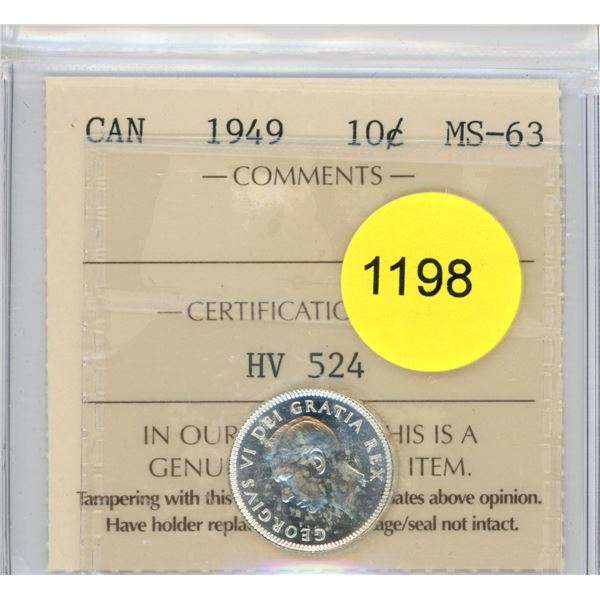 1949 MS63 ICCS Graded Canadian Ten Cent Coin