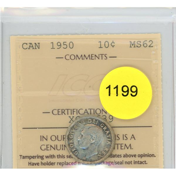 1950 MS62 ICCS Graded Canadian Ten Cent Coin