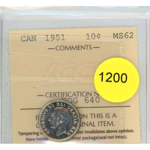 1951 MS62 ICCS Graded Canadian Ten Cent Coin