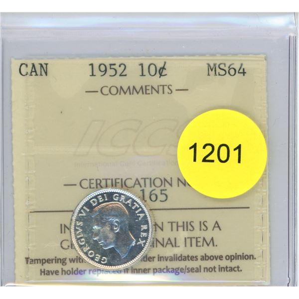 1952 MS64 ICCS Graded Canadian Ten Cent Coin