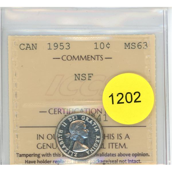 1953 NSF MS63 ICCS Graded Canadian Ten Cent Coin