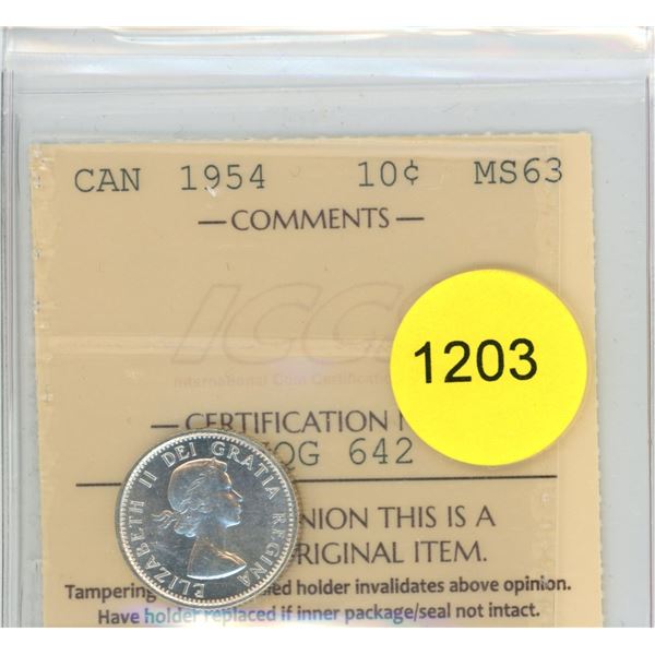 1954 MS63 ICCS Graded Canadian Ten Cent Coin