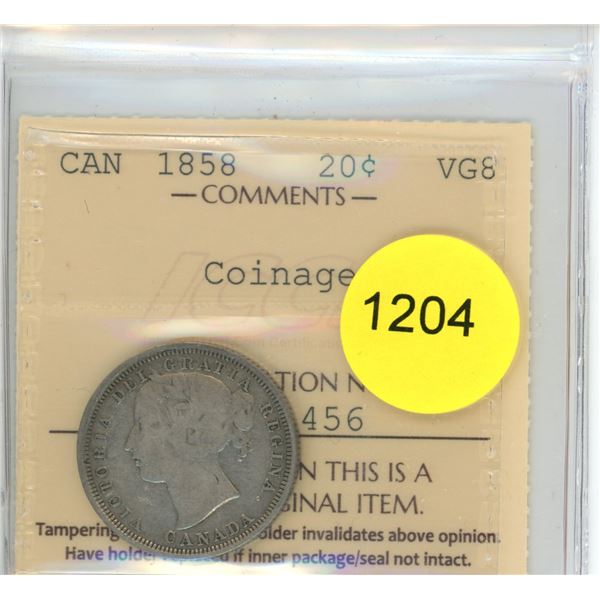 1858 VG8 ICCS Graded Canadian Twenty Cent Coin