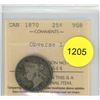 Image 1 : 1870 Obv1 VG8 ICCS Graded Canadian Twenty-Five Cent Coin
