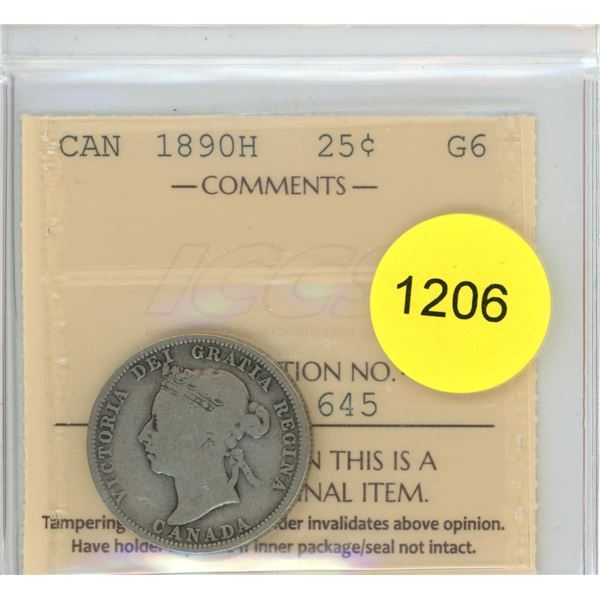 1890H G6 ICCS Graded Canadian Twenty-Five Cent Coin