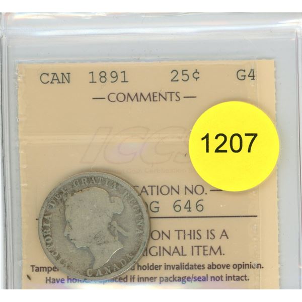 1891 G4 ICCS Graded Canadian Twenty-Five Cent Coin