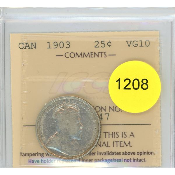 1903 VG10 ICCS Graded Canadian Twenty-Five Cent Coin
