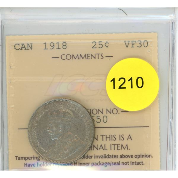 1918 VF30 ICCS Graded Canadian Twenty-Five Cent Coin