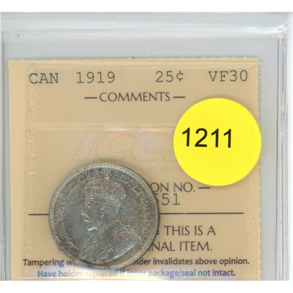 1919 VF30 ICCS Graded Canadian Twenty-Five Cent Coin