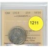 Image 1 : 1919 VF30 ICCS Graded Canadian Twenty-Five Cent Coin